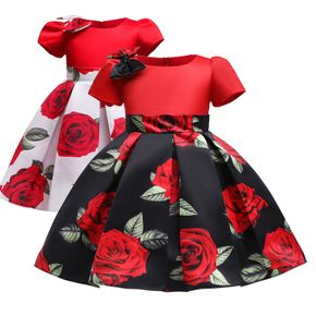 Kid Girl Floral Print Bowknot Design Short-sleeve Princess Costume Party Pleated Dress
